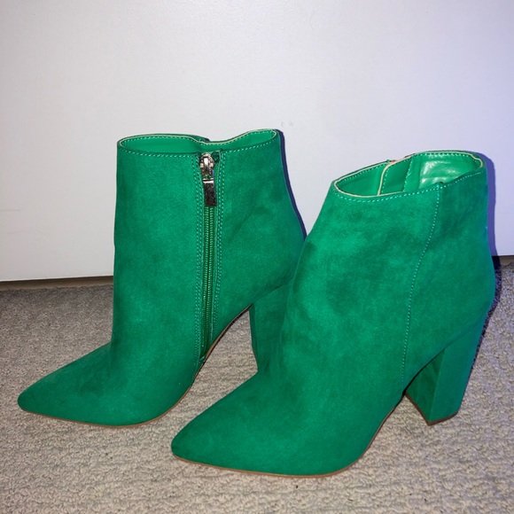 Green Faux Suede Point Toe Booties - Picture 3 of 5